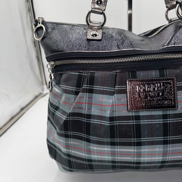 Coach Poppy Tartan Plaid Tote Bag Grey Black Patent Leather Shoulder Bag - Picture 9 of 16